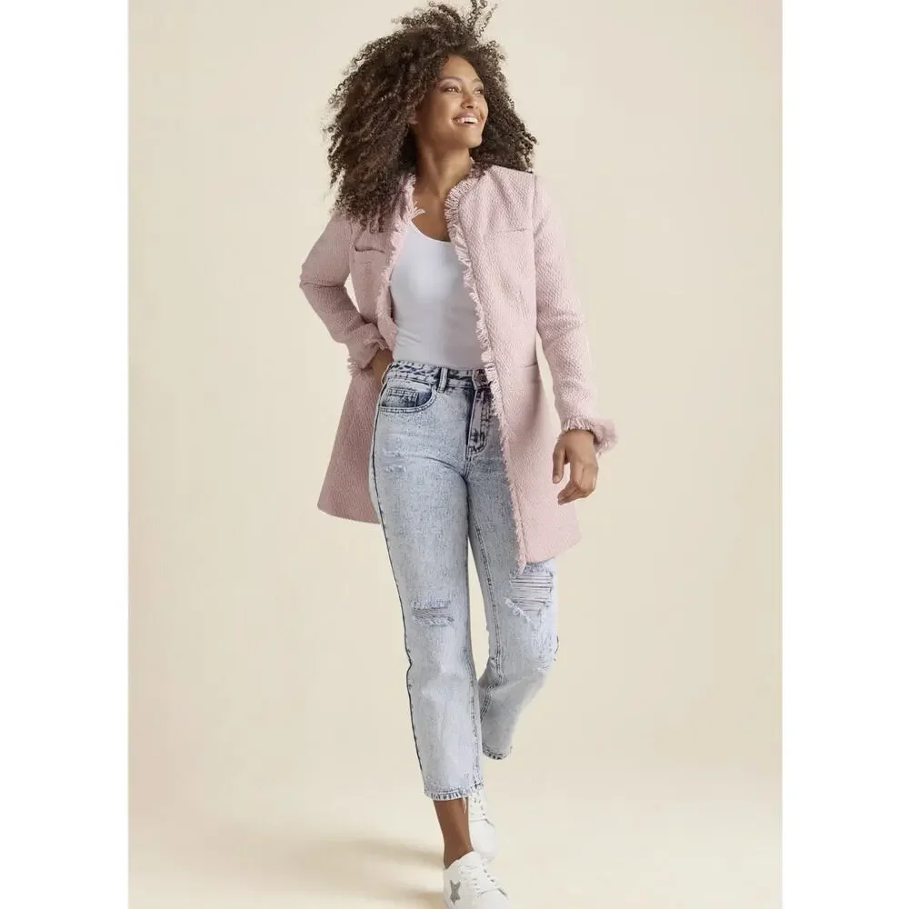 Venus Open Front Tweed Fringe Jacket, light pink Long size medium Size 8 Career - Picture 3 of 12